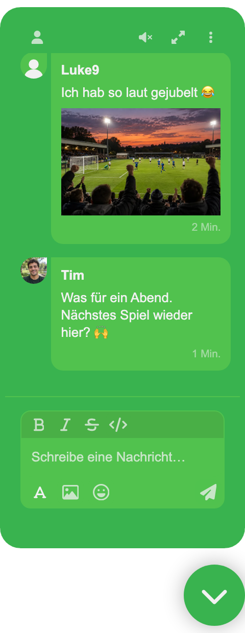 Grüne Fußball-Chatbox mit Nachrichten von Fans und einem Stadionfoto