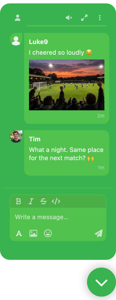 Green football chatbox with fan messages and a stadium photo