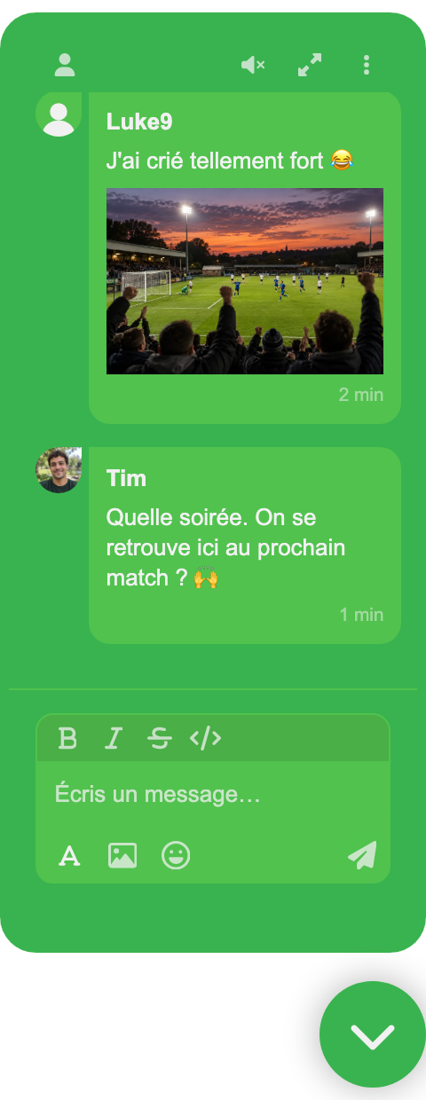 Chat de foot vert avec des messages de fans et une photo de stade